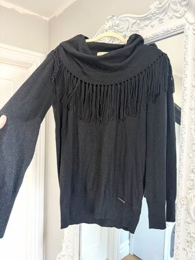 MICHAEL Michael Kors Black Fringe Cowl Neck Metallic Sweater Top